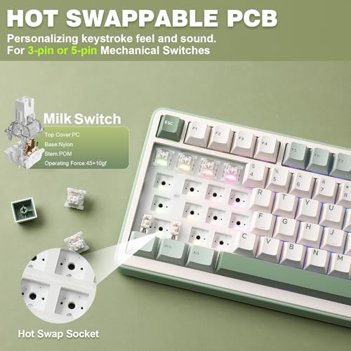 Image of YUNZII B75 PRO Wireless Mechanical Keyboard,75% Layout with Knob,Hot Swap Gasket Structure,Creamy Pre-lubed Switches,RGB Backlit,Bluetooth /Type-C /2.4G for Win /Mac (Matcha Green, Milk Switch)