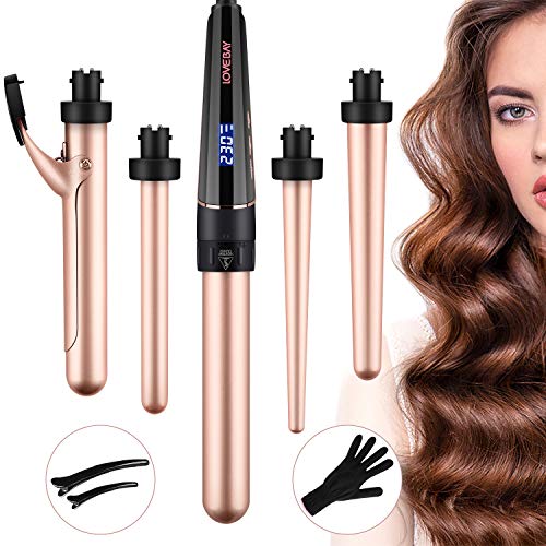 Lovebay 5 in 1 Lockenstab Keramikbeschichtung Lockenwickler Set mit LED-Display Temperaturregelung und Hitzeresistentem Handschuh