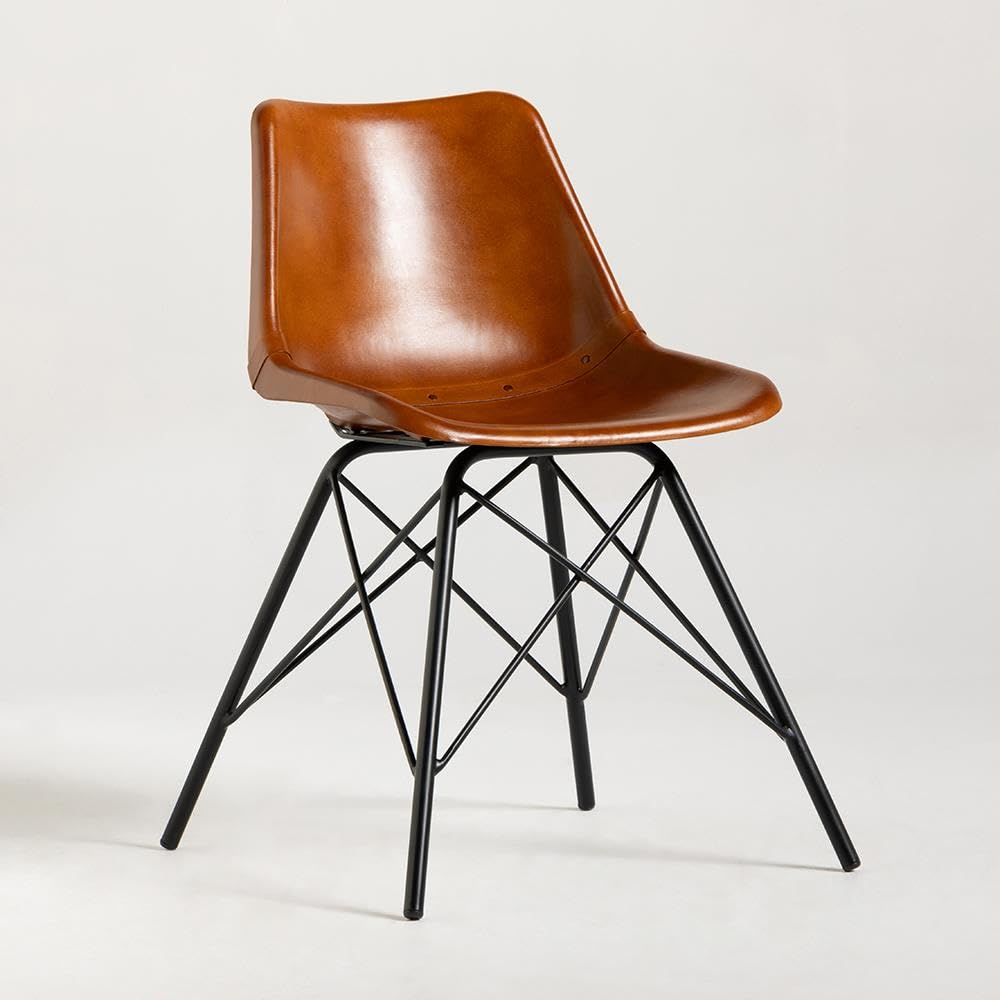 WSG Cross Leg Dining Chair Plain Tan Genuine Retro Leather Roadhouse Seat Industrial Black Metal Base