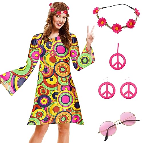 LUPATDY 70er Hippie Kleid, 60er 70er Jahre Outfit Damen Party Kostüm, Halloween Retro-Kleider, Disco Outfit Kostüm Damen Mädchen mit Kleid, Turban,...