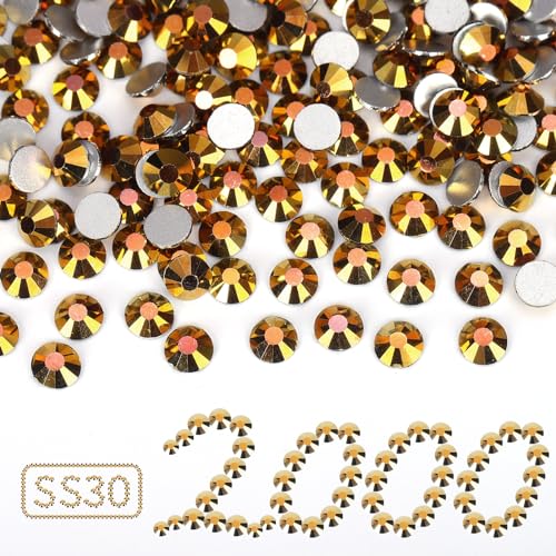 Image of 2000PCS Gold Rhinestones Bulk, Flat Back Crystal Glass Stone Round Gems,SS30, 6.4-6.6mm