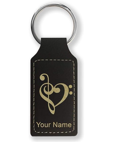 LaserGram Rectangle Keychain, Music Heart, Personalized Engraving Included (Black with Gold)