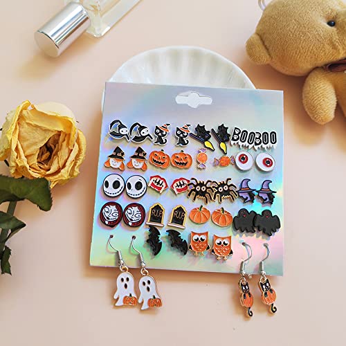 20/24 Pairs Hypoallergenic Halloween Earrings for Girls Cute Stud Earrings Sets Halloween Earrings for Women Teen Girls Pumpkin Spider Bat Black Cat Ghost Witch Candy Spooky Earrings Halloween Jewelry Fall Earring Set2