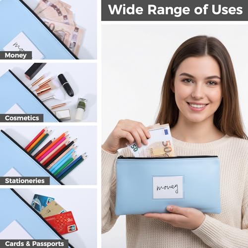 4-Pack Bank Deposit Money Bags with Zipper, PU Leather Cash Wallet Pouches with Label for Coins Bills Cosmetics Easter Decorations Gifts, 11 x 6.5 Inches Light Colors