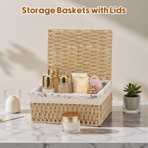 3pcs Woven Storage Baskets with Lids, Decorative Storage Boxes, Space-Saving Wicker Basket for Shelves, Paper Rope Basket Bedroom Storage Solutions, Reusable Hamper Baskets with Removable Lining - Cosy Home Interiors 3pcs Woven Storage Baskets with Lids, Decorative Storage Boxes, Space-Saving Wicker Basket for Shelves, Paper Rope Basket Bedroom Storage Solutions, Reusable Hamper Baskets with Removable Lining - Image 5