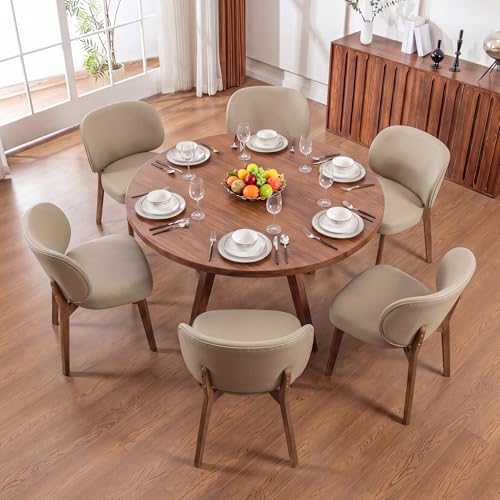 Image of YOUNIKE Dining Chairs Set of 6 Modern Kitchen Dining Room Chairs Khaki | Faux Leather Upholstered Armless Side Accent Chair with Back Wide Padded Seat Wooden Leg, Soft, Breathable, Comfortable