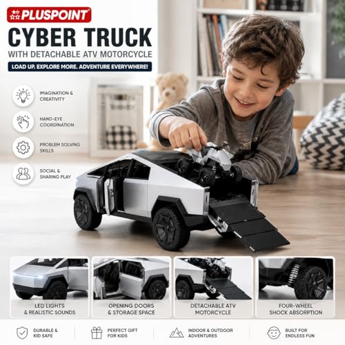 Image of PLUSPOINT Diecast Tesla Toy car Metal Cybertruck Toy Car 1:24 Scale - Pull Back Alloy Simulation Vehicle with Lights & Sound, Collectible Model for Kids, Adults & Dashboard Display