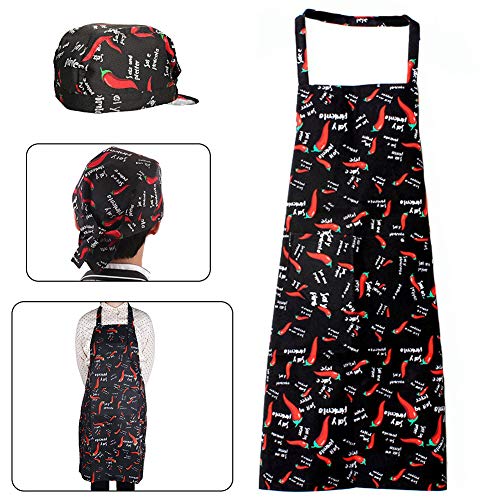 BETOY Unisex Delantal, Chile Delantal Cocinero Cocina Delantales Bib Chile Ajustable Delantales Chile con Dos Bolsillos Delantal Usar un Sombrero Adecuado para Cocina, Hotel, Restaurante