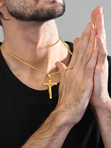 U7 Men Crucifix Cross Pendant with Chain Baptism Christian Jewelry Stainless Steel/18K Gold Antique Jesus Necklace, Gift Packed,Length 22"2