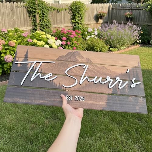 Custom Mountain Family Name Sign - Rustic Wood Wall Decor, Personalized Wedding & Gift for Couples Anniversary, Housewarming Gift for New Home 28x13" (Large) - Image 2