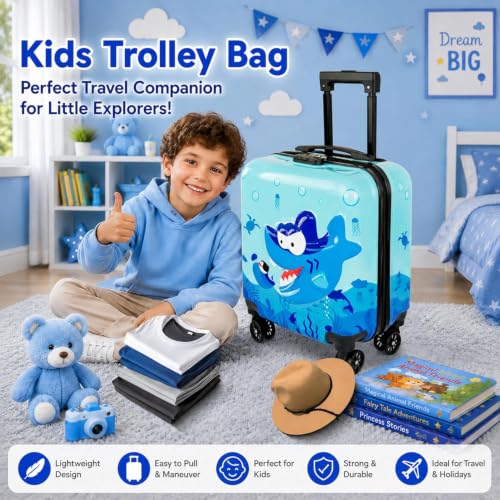 Image of Kids Carry On Luggage with Wheels,18-inch Hard Shell Suitcase Lightweight Toddler Rolling Trolly with Retractable Handle,Durable Hardside Spinner Trolly for Airplane Travel (Blue Shark)
