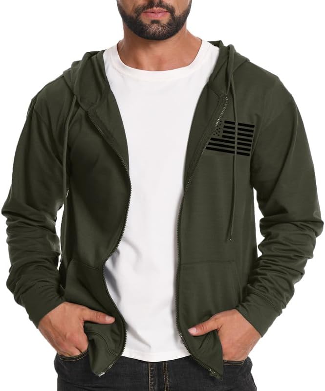 H HYFOL Men's Lightweight Full-Zip USA Flag Graphic Long Sleeve Hoodie American Patriotic Casual Sweatshirt - Image 2