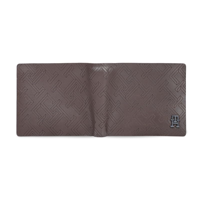 Image of Tommy Hilfiger Men's Leather Wallet Tavros | Brown Laser-Detailed Slimfold Bi-Fold with 8 Card Slots, Coin Pocket | Stylish Purse for Gents