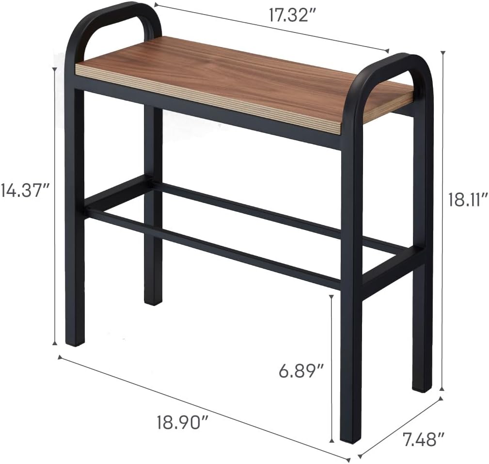 YAMAZAKI Home Tower Shoe Organizer Rack With Wooden Bench Top, Storage Table For Entryway With Handles, 18" - Steel + Wood - Holds 4 Pairs Of Shoes