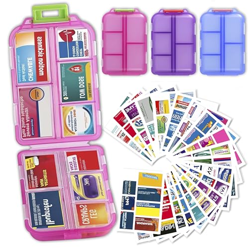Image of 3 Pack Pill Organizers with Medicine Labels, Pink Blue Purple | 3 compact pill cases with 3x161 medicine labels for 7-day planning, vitamins, travel, family use, and separate routines