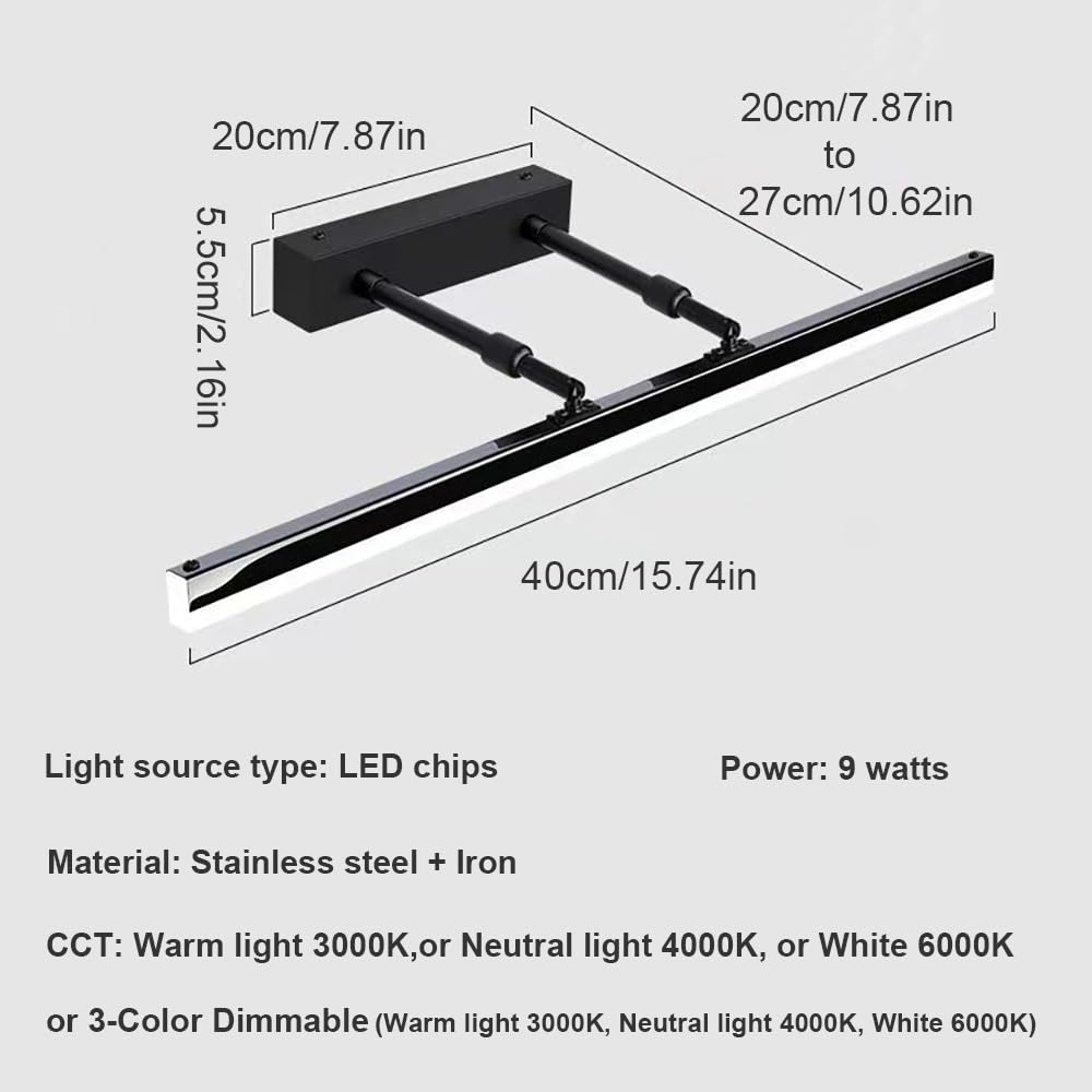Lampada Specchio LED Lunga Design Moderno Braccio Estensibile Rotazione 180 Gradi, Applique Bagno Luce per Specchio per Trucco Illuminazione(Black(6000K),40cm/15.74in)