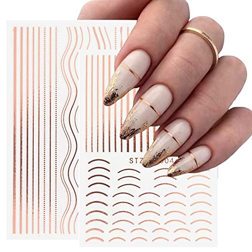 3D Lines Nail Stickers Rose Gold Metal Nail Art Decals 8 Sheets Stripe Lines Letters French Tips Self-Adhesive Nail Decals Curve Nail Art Sliders Nail Supplies For Women Manicure Diy Decorations #TOP1