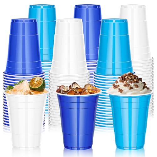 DI QIU REN 150 PCS 16OZ Blue Party Plastic Cups White Dark and Light Blue Disposable Drinking Cups Bulk for Theme Party Birthday Holiday Family Gatherings Supplies