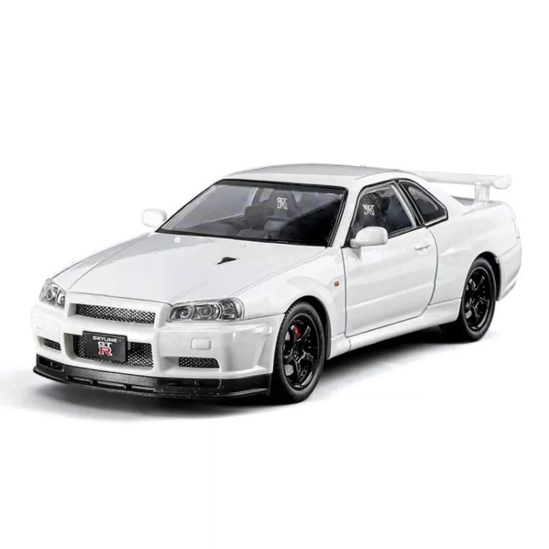1:24 Nissan Skyline GT-R R34 Diecast Model Car, Pull Back Toy with Sound & Light, Collectible for Kids & Adults (White)