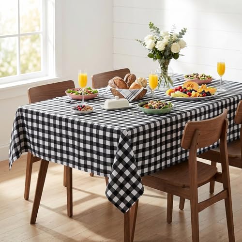 Image of sancua Checkered Vinyl Rectangle Tablecloth 54 x 78 Inch, 100% Waterproof Oil Proof Spill Proof PVC Plaid Table Cloth, Wipe Clean Buffalo Table Cover for Dining Tables Buffet Parties, Black and White