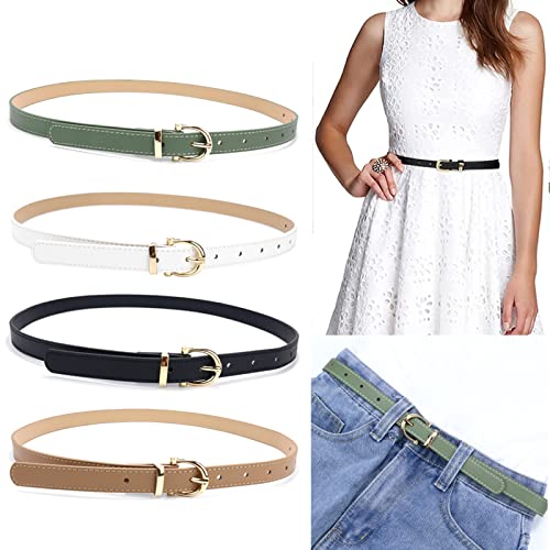 2 Pieces Women Belts with Metal Buckle Skinny Leather Belt Thin Waist Belt for for Jeans & Pans & Dress