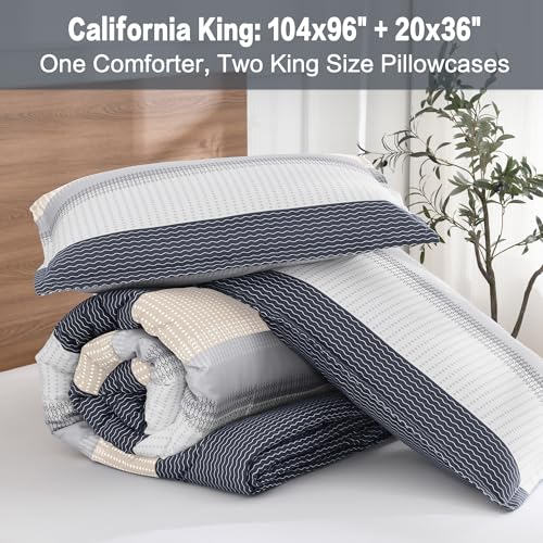 Litanika Comforter Set California King Size Blue Yellow - 3 Pieces Lightweight Blue Yellow White Colorblock Stripe Fluffy Bedding Comforter Sets, All Season Bed Set