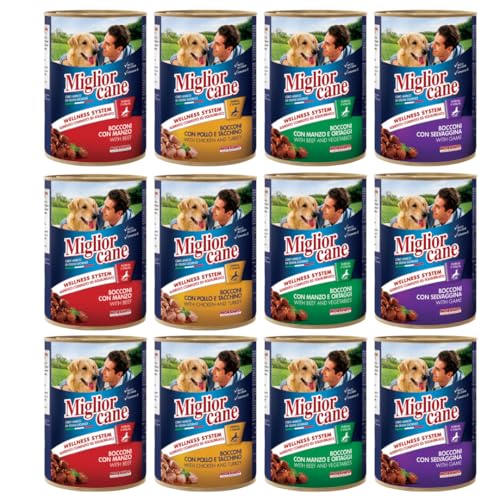 Miglior Cane - Cibo Umido per Cani, 12 Scatolette da 405 grammi, 4 Gusti Assortiti (Pollo/Coniglio, manzo, selvaggina, manzo e ortaggi) Scatolette cani