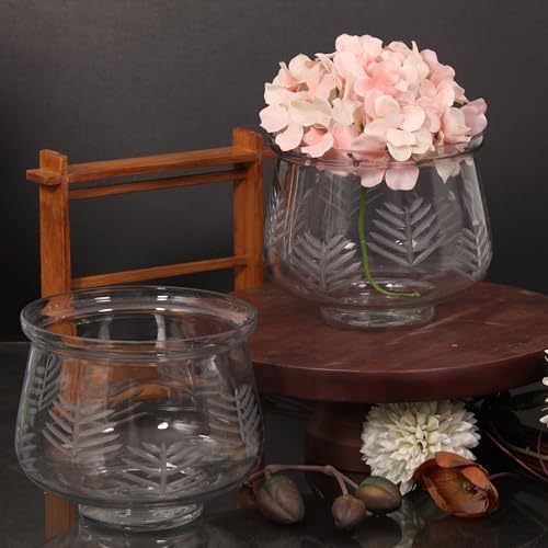 Image of KALAKRITI Bell Shape Glass Flower Vase 6 Inch | Transparent Flower Vase with Frosted Leaf Etched Pattern | Decorative Modern Table Centerpiece for Home, Living Room, Bedroom & Office Decor - Pack of 2