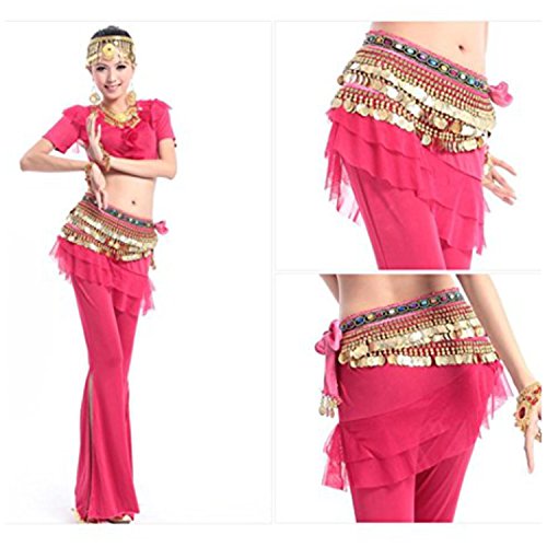 Image of VRITRAZ Women's Chiffon Belly Dance Hip Scarf Waistband Belt Skirt Mixed Colors Beads and Golded Coins 56 Black