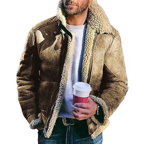 Image of Mens Sherpa Lined Faux Suede Bomber Jacket with Lamb Wool Sheepskin Winter Coat Heavyweight Fur Collar Coats Khaki