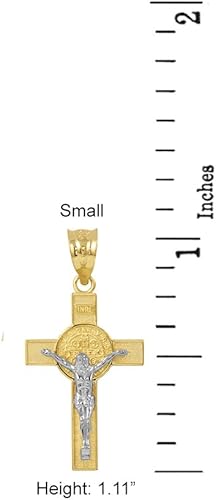 Miniatura 2 de Colgante de cruz de crucifijo de San Benito en dos tonos de oro macizo de 10 quilates (1.10"), Oro amarillo