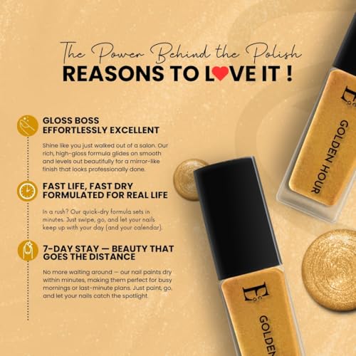 Image of Ellement Co Golden Hour Nail Polish 10 ML | Metallic Gold Nail Colour | High Gloss Salon Finish | Quick Dry Smooth Application | Long Lasting Chip Resistant Wear | Ideal for Festive, Wedding, Party & Elegant Everyday Styling