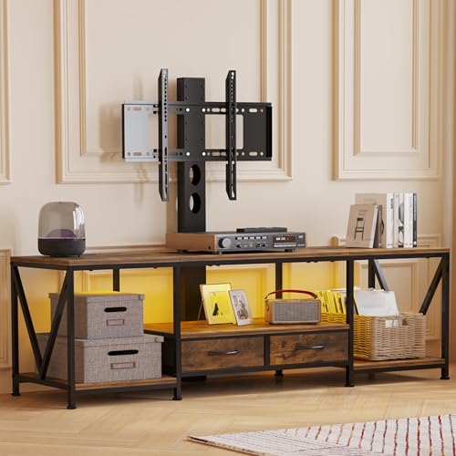 Image of 63 inch W TV Stand with Mount for 55,65,75 inch TV,Entertainment Center with Power Outlet&Led Lights,Height Adjustable TV Console Table with Open Storage Shelves&Fabric Drawers (Rustic Brown, 63 inchW)