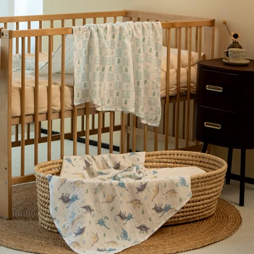 Image of Muslin Swaddle Blankets for Newborn, 3 Pack Breathable Soft Receiving Blanket, Large 38 x 40 inches Swaddle Wrap Burping Clothes Diapers, Essentials Infant Shower Items, Toddler Gift (Blue Dinosaur)