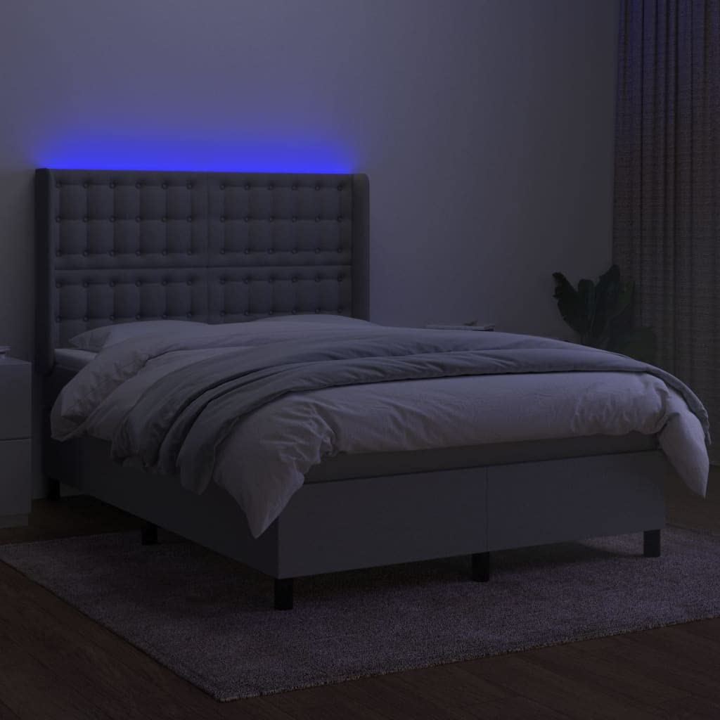 tkanina z regulowanym zagłówkiem LED 140x200 szary | Łóżko kontynentalne z materacem 140x200 jasnoszare z zagłówkiem i LED, tkanina, sprężyny kieszeniowe, regulowana wysokość, do