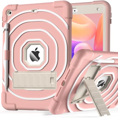SIBEITU Kids Case for iPad 9th 8th 7th Generation (2021/2020/2019) with Pencil Holder & Kickstand, Slim Heavy Duty Rugged Shockproof Protective iPad 10.2 inch Case for Kids Girls Boys (Pink+White)