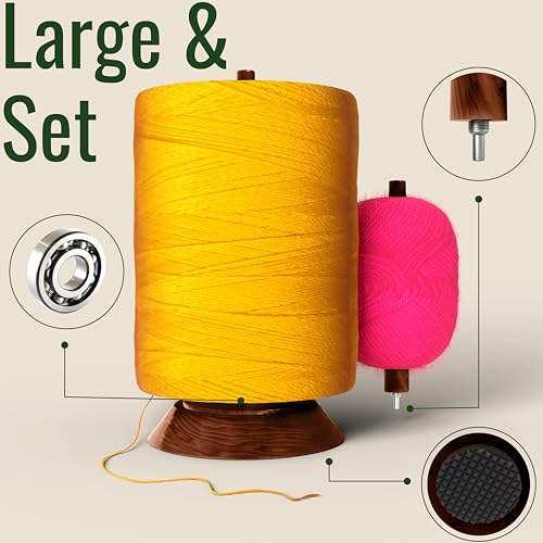 Image of BARVA Yarn Holder Set 22 Lb Capacity for Chunky Yarn w /Extra Spindle | Smooth Bearing Spinner & Big Rubber Anti Slip Pads for Stability | European Wood Crochet Accessories & Fiber Crafts Pro Tools