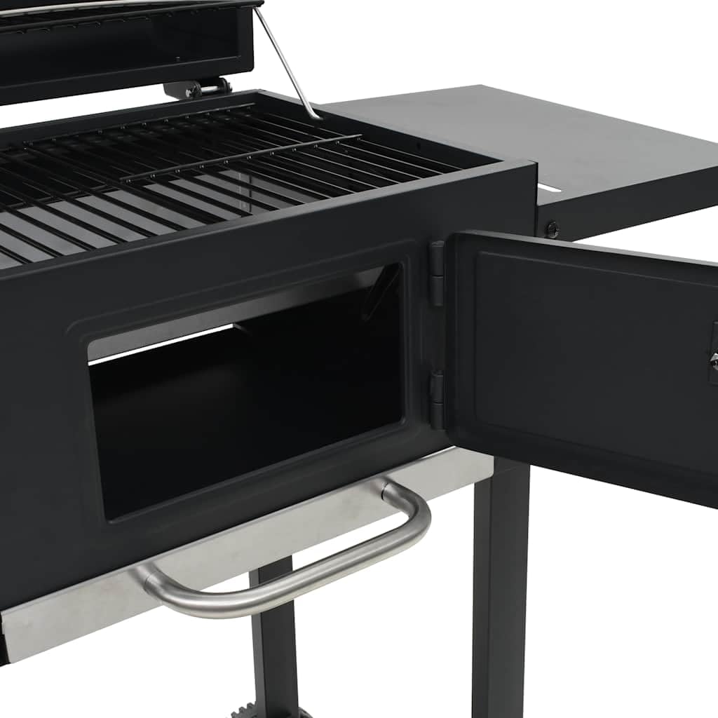Forno per pizza per esterni 3 in 1, nero, con termostato, funzione affumicatura, piastra rimovibile, tavoli pieghevoli, ruote, per balcone, terrazza, campeggio