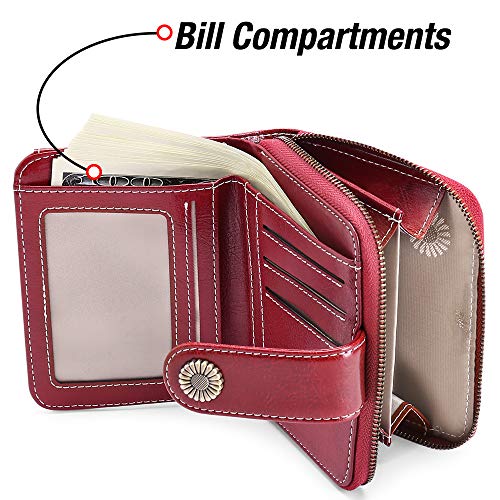 GOIACII Wallet for Women Leather Small RFID Blocking Bifold Zipper Pocket Card Holder with ID Window Wine Red3