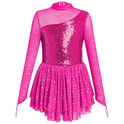 FYMNSI Roller Figure Ice Skating Dress for Girls Lyrical Dance Outfits Sparkly Rhinestone Long Sleeve Mesh Tulle Skirted Leotard Gymnastics Ballet Dancewear Stage Performance Costume Hot Pink 9-10Y