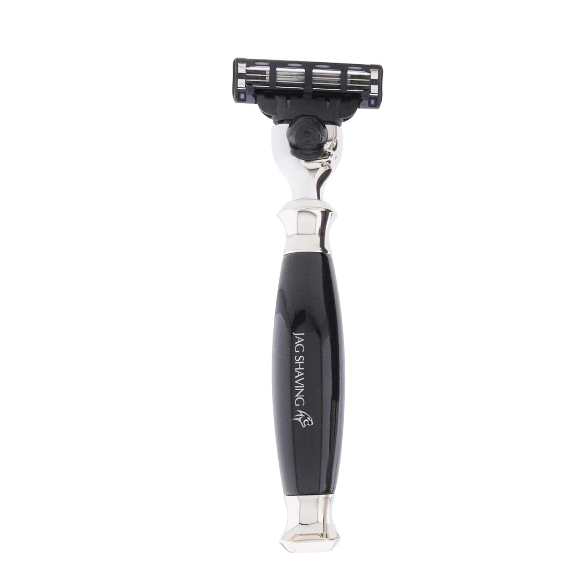 Jag Shaving Rasierset - 4-teiliges Rasierset - JAG's LEE Range - Silberspitz Dachshaar Rasierpinsel - 3 Kante Rasierklingen Rasierhobel - Rasierschale - Rasierständer - Schwarz Geschenkset
