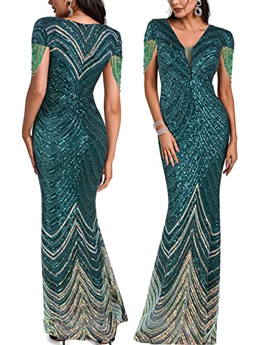 Image of Women 1920s Plus Size Formal Dress Tassels Sleeve Sequins Gatsby Maxi Evening Gown