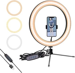 Samnuerly LED Ring Light 10" with Tripod Stand and Flexible Phone Holder for Streaming, Desk Makeup Ring Light Dimmable with 3 Light Modes & 10 Brightness Level(10")