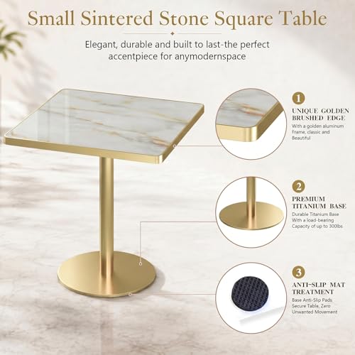 Image of 63 inch Square Dining Table, Tulip Table with 1.2 inch Thick Sintered Stone Tabletop and Golden Metal Pedestal Base, Small Square Dining Tables for Diner,Bar,Restaurant,kitchen,Bakery,Apartment (Marble Gold)