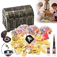 NAVESO Treasure Chest, Pirate Treasure Chest Kids With Gold Coins, Fake Gems, Compass, Telescope and PirateParty Supplies, Wooden Treasure Box with Lock for Pirate Party, Treasure Hunting