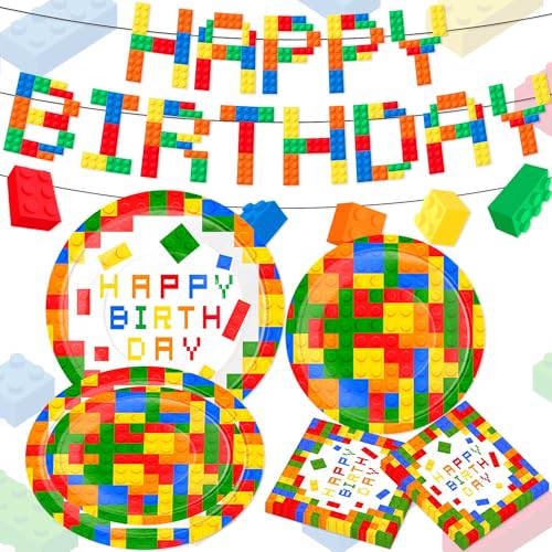 41 pièces Baustein Vaisselle de fête en papier Assiettes d'anniversaire Serviettes Briques de construction Guirlande d'anniversaire