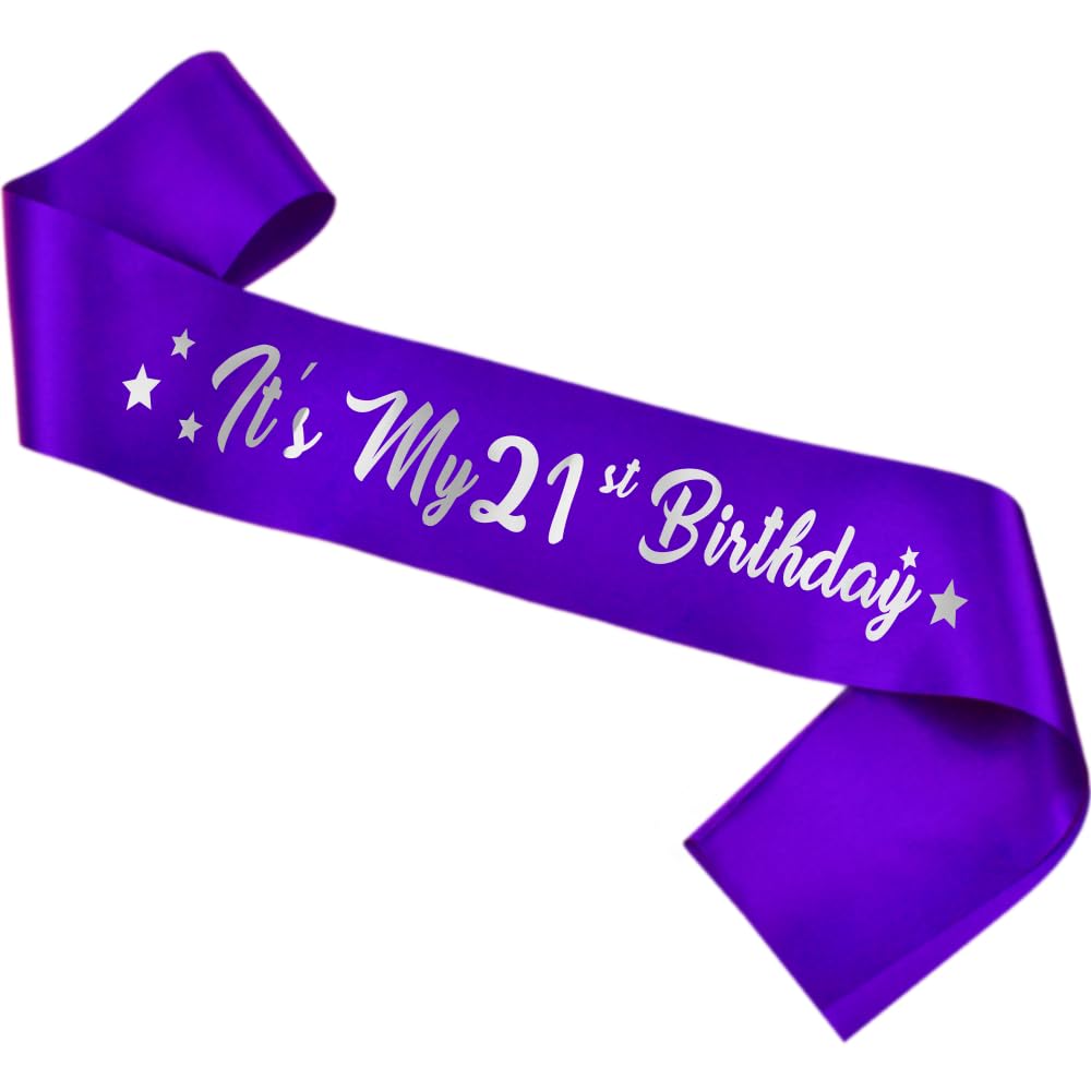 Conggluuo 21st Birthday Sash, Birthday Sash for Girls Purple "Its My 21st Birthday Sash" with Silver Foil Letter Birthday Sash for Women Birthday