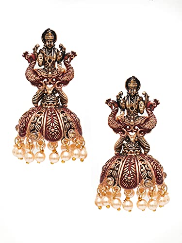 Karatcart Antique Gold Plated Maroon Mata Laxmi Jhumki Earrings for Women - Image 4