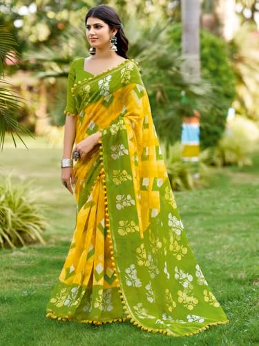 Image of AKHILAM Women's Cotton Printed Saree With Unstitched Blouse Piece