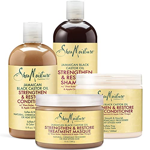 Shea Moisture Shampoo 16 Fl Oz, Conditioner 13 Fl Oz with Leave in Conditioner 15 Oz & Treatment Masque 12 Oz, Jamaican Black Castor Oil for Hair Growth, Strengthen & Restore, Curly Hair Products
